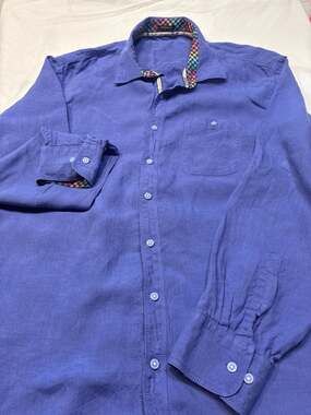 Bugatchi Uomo Classic Fit Linen Long Sleeve Button Down Shirt Blue